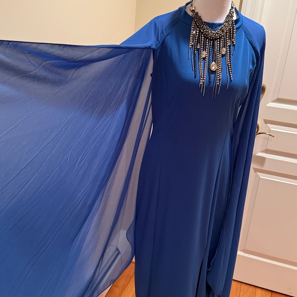 Elegant Blue Cape Dress/ Gown maxi dress with slit on the bottom chiffon sleeves